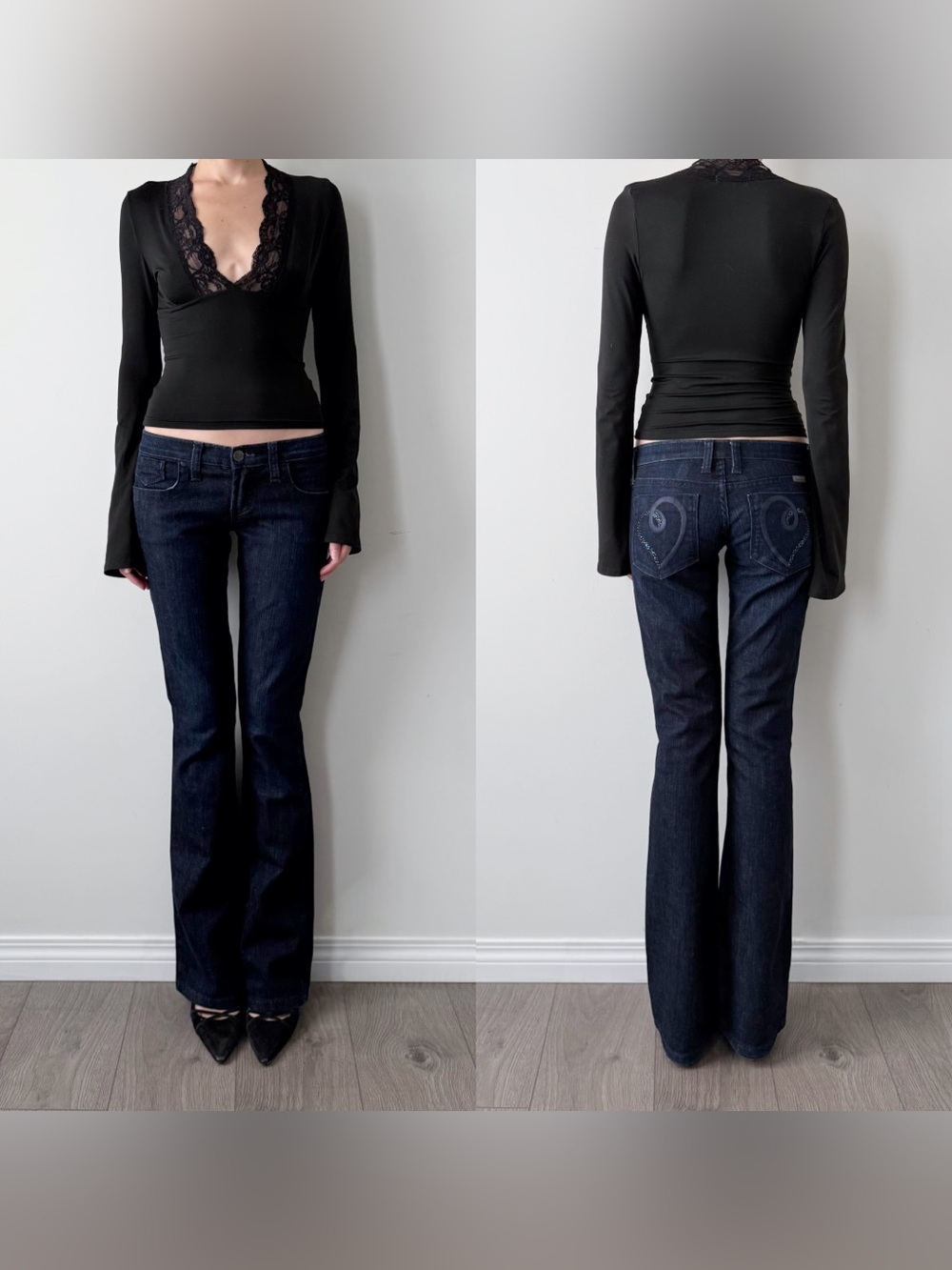 Frankie B dark wash low rise flared jeans